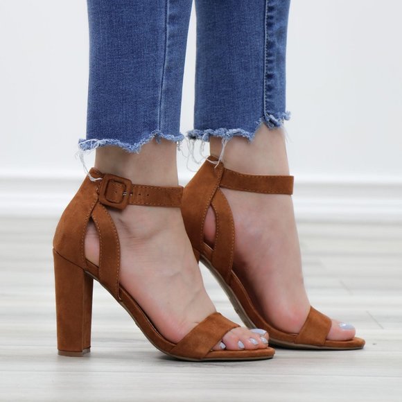 Shoes - Faux Suede Open Toe Block High Heel Sandals